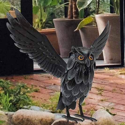 Natelf Solar Owl Decoy Sculptures & Statues Halloween Decoration, Standing Metal Bird Deterrent to Scare Birds Squirrels Away for Outdoor Garden Yard Patio, Black