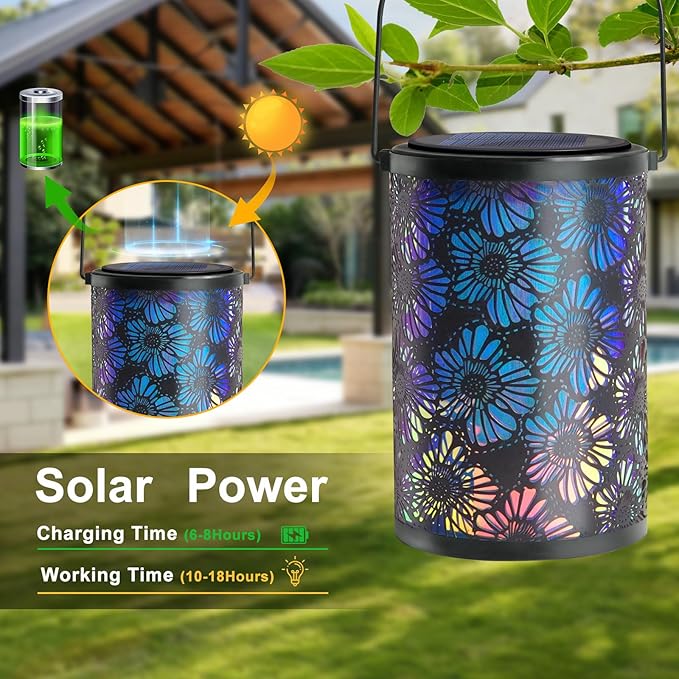Solar-Powered Iron Art Lantern - Two Lighting Modes Waterproof Hanging Ambiance Lighting for Gardens & Patios, Perfect as Decorative Gift Housewarming Gift Mom Gifts (Flower)