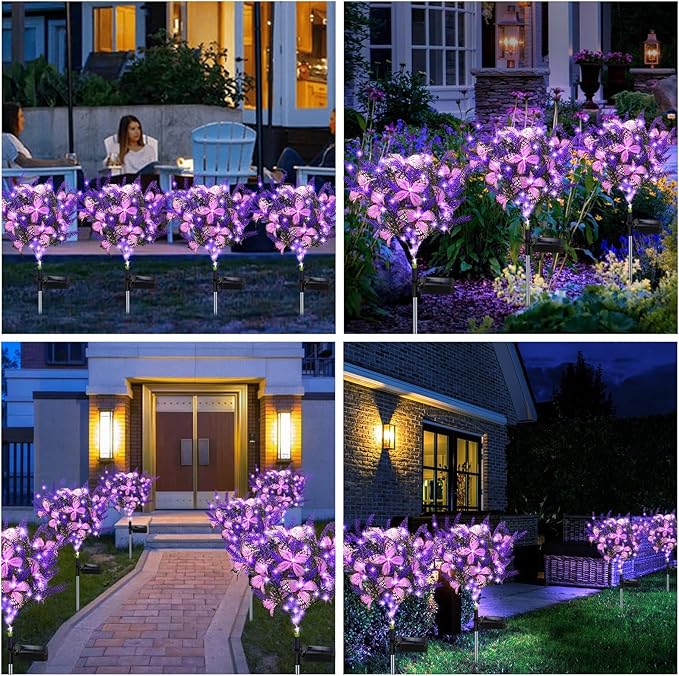 Solar Garden Lights Outdoor, 4 Pack Purple Lavender Solar Butterfly Lights Gardening Gifts for Women, Purple Artificial Flower with Butterfly Garden Decor for Lawn Patio