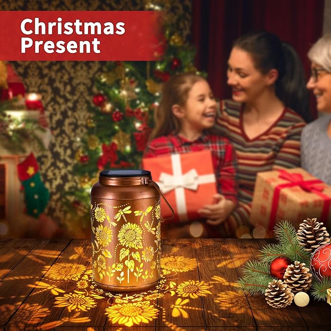 Solar Lanterns Dragonfly Lights Outdoor Decor Hanging Lantern Waterproof Metal LED Sunflower Light Decorative Garden,Yard,Patio,Lawn,Christmas Gifts for Women Mon Grandma