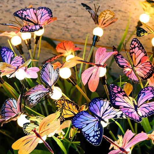 Aiscool Solar Garden Lights, Swaying Dance Butterfly Light Outside, Solar Outdoor Lights,Yard Patio Pathway Lawn Summer Decoration,Realistic Butterflies & Dragonflies(2 Pack)