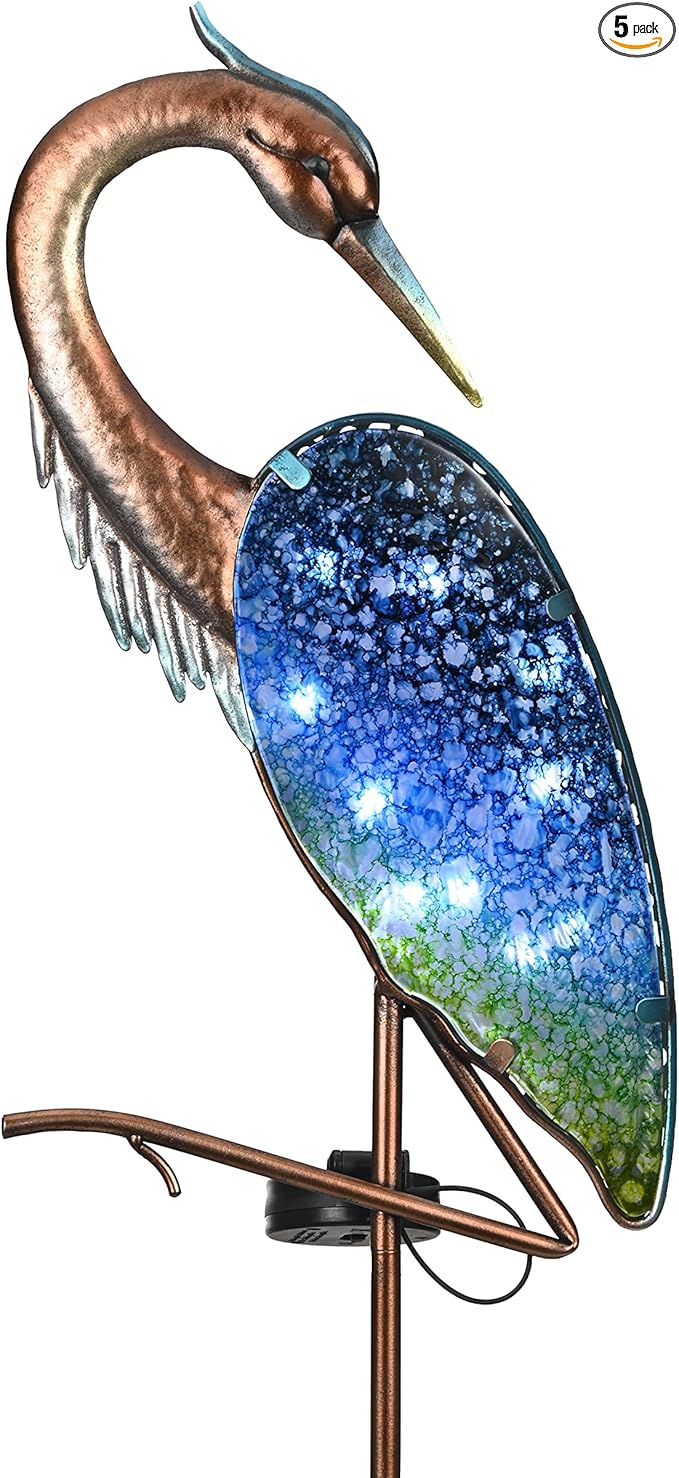 TERESA'S Collections Blue Heron Outdoor Solar Lights for Garde Decor, Metal Yard Decorations Outdoor Decorative Garden Stake for Outside, Yard Art Pathway Lights for Patio Decor 43",Gifts for Mom
