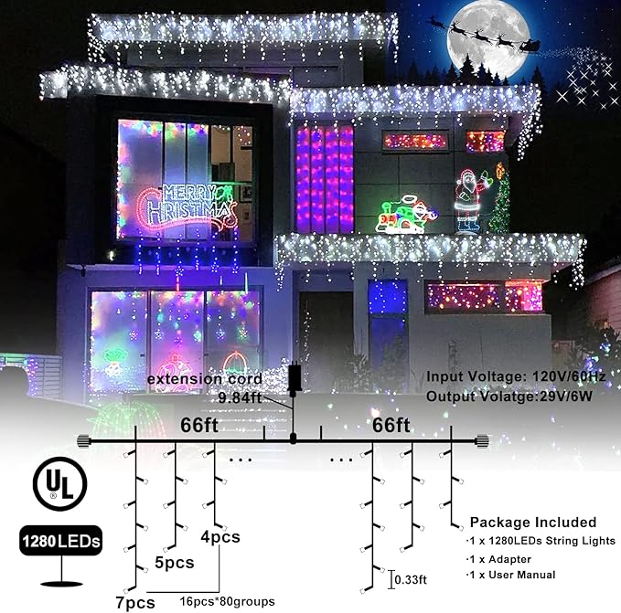 132ft Icicle Lights for Outside, 1280 LED White Christmas Lights Outdoor with 240 Twinkle Drops, 8 Modes Plug in Waterproof Timer Memory for Tree Wedding Party House Patio Eave Yard Holiday Decoration