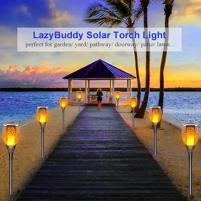 Solar Torch Lights 8 Pack - Outdoor Waterproof Solar Tiki Torches with Realistic Flickering Flame, 3-in-1 Hanging Lanterns, Fire Effect Landscape Decoration for Garden, Pathway, Yard & Patio