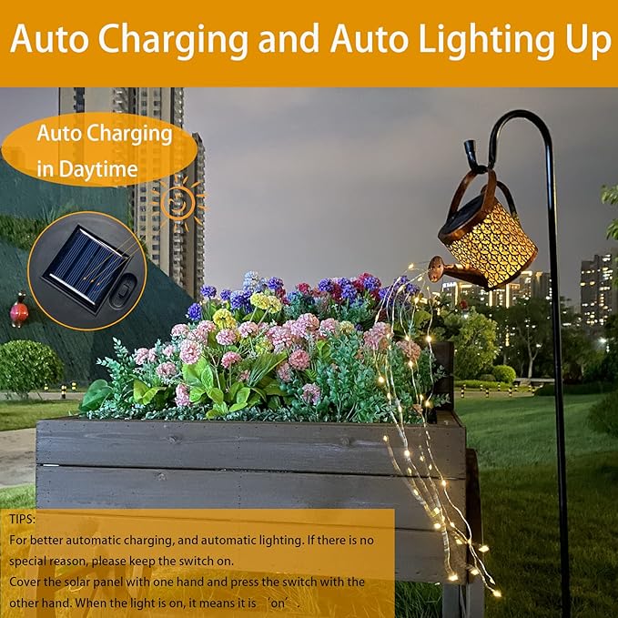 Solar Lanterns Outdoor Waterproof,Metal Watering Can Garden Decor,Hanging Solar Path Lights Yard Art,Outside Patio Decorations Gardening Birthday Gifts for Mom Grandma Women,with Hook,Large