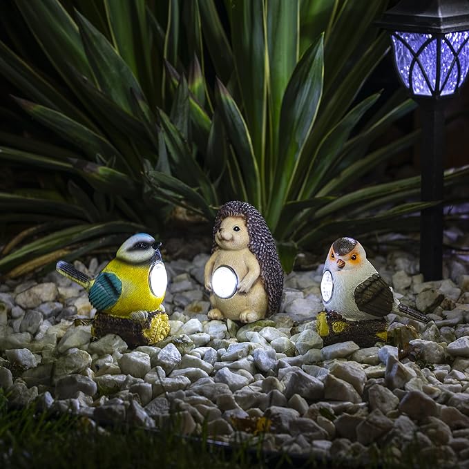 Outdoor Garden Solar Decor Light Set of 3 (2 Birds,1 Hedgehog) | Waterproof Solar Powered Lights for Yard, Patio & Walkway | Energy-Efficient & Weatherproof Garden Decor