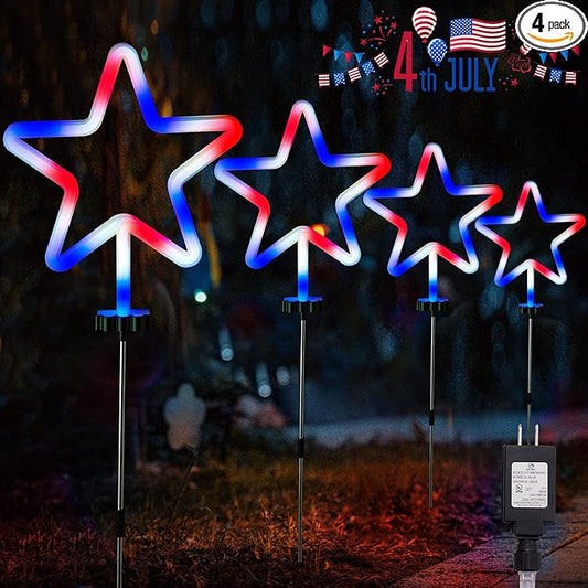 BlcTec 4th of July Decorations, 4PCS Red White and Blue Lights with Stainless Steel Stakes, 4 Big LED Neon Stars Patriotic Lights with Waterproof for Independence Day Garden Yard Lawn Decor, Plug in
