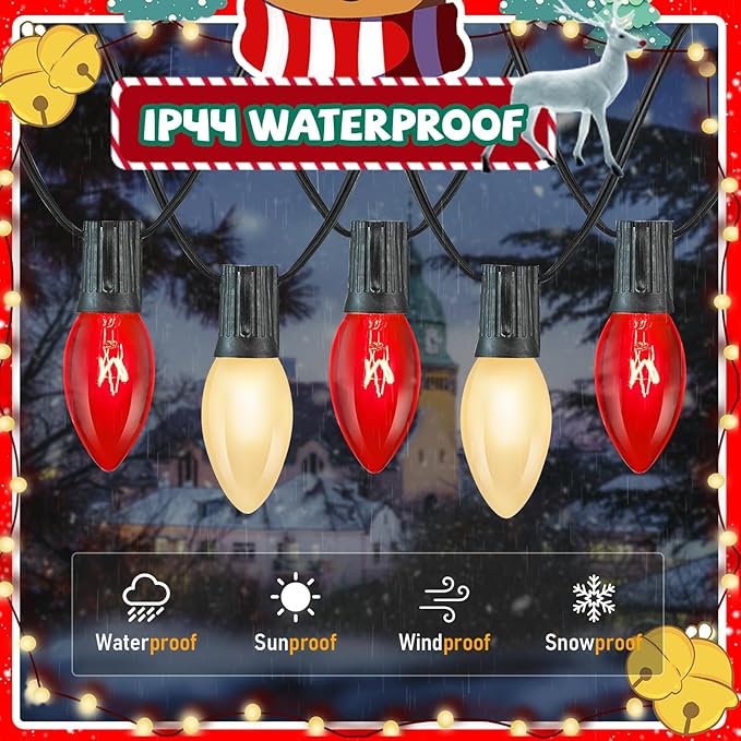 25FT C9 Christmas Outdoor Lights,Red and Frosted White Christmas Lights with 26 Bulbs(1 Spare),Commercial Vintage Red White Christmas Lights for Tree Yard Garden Porch Party