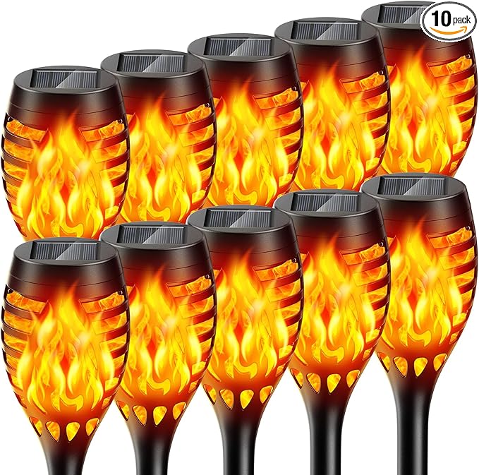 Solar Outdoor Lights, 10 Pack Solar Torch with Flickering Flame Waterproof, Solar Powered Garden Light, LED Flame Pathway Torches Lights for Yard, Patio, Outside Landscape Décor