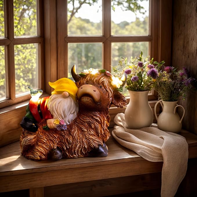 Garden Gnome Statue - Highland Cow with Solar Flower LED Lights and Bird - Funny Outdoor Decor for Table, Patio, Lawn - Unique Birthday Gifts for Mom, Women, and Christmas Decorations