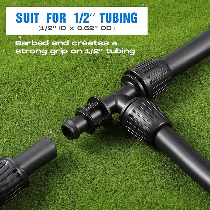 Frienda 40 Pcs 1/2 Inch Drip Irrigation Lock Barbed Tee Tubing (1/2" IDx0.6-0.63" OD) 16mm Fittings Drip Irrigation Parts Anti Drop Locked Reducing Tee for Hose, Blue and Black