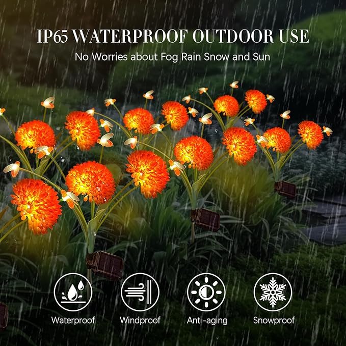 Solar Garden Lights, 2 Pack Solar Swaying Bee Lights with Flowers, Waterproof Solar Firefly Lights Outdoor for Garden Patio Yard Pathway Fall Decoration, Gifts for Women Mother's Day