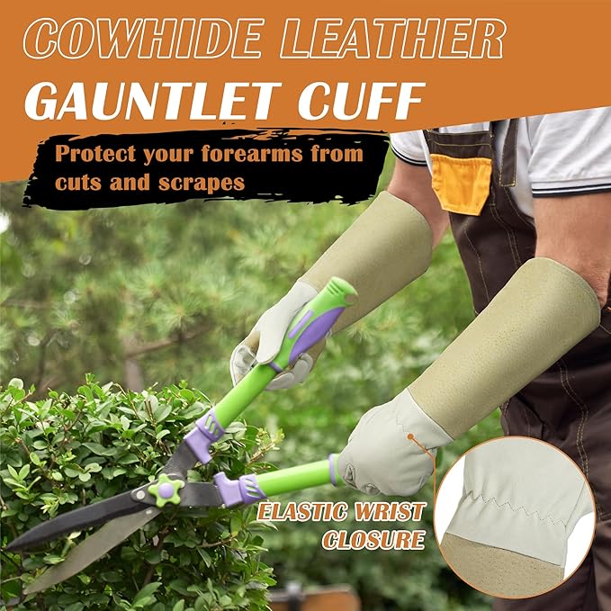 HANDLANDY Pruning Gloves Long for Men & Women, Pigskin Leather Rose Gardening Gloves- Breathable & Durability Gauntlet Gloves (Small, Beige)
