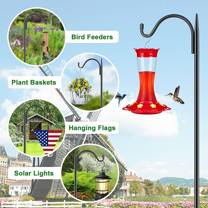 FEED GARDEN Short Shepherds Hooks for Outdoor, 48 Inch Bird Feeder Pole with 5 Prongs Base, Heavy Duty Shepherds Hook Garden Hook for Hummingbird Feeder, Hanging Lantern, Plant Baskets,1 Pack