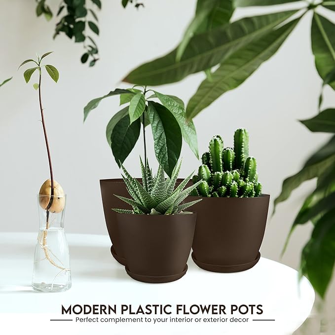 Utopia Home - Plant Pots Indoor with Drainage - 7/6.6/6/5.3/4.8 Inches Home Decor Flower Pots for Indoor Planter - Pack of 10 Plastic Planters for Indoor Plants, Cactus, Succulents Pot - Brown