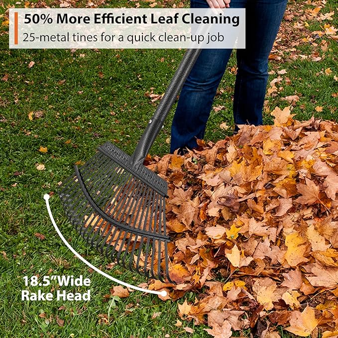 Garden Rake for Leaves, 25 Tines Leaf Rakes for Lawns Heavy Duty, 5 FT Gardening Rake with Back-Saving Long Handle, 18.5” Wide Large Rake Head for Quick Cleanup, Anti-Rust and Detachable for Camping