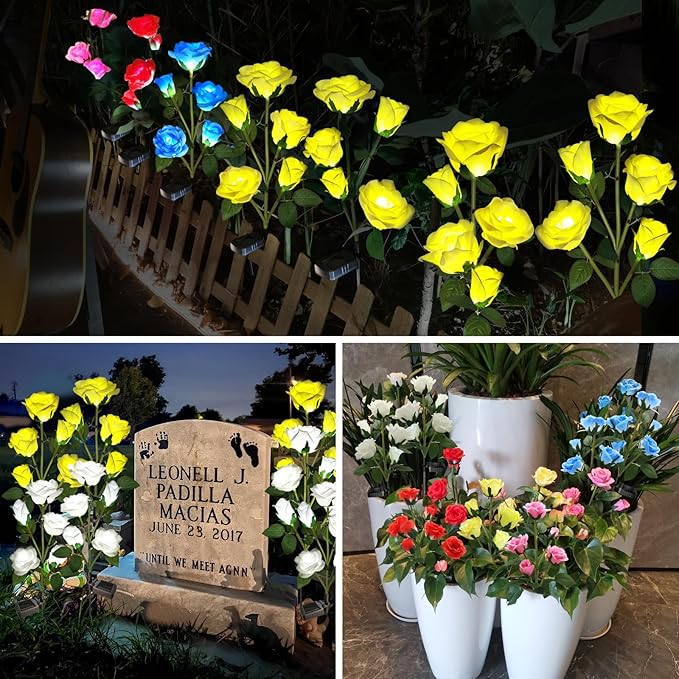 Solar Garden Lights, Solar Outdoor Lights with More Realistic 10 Rose Waterproof Solar Powered Flowers Lights for Outside Patio Yard Pathway Decorations, 2 Pack Yellow