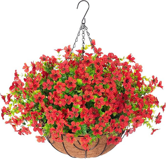 Artificial Fake Hanging Red Plants Flowers Basket for Outdoor Fall Winter Christmas, Faux Silk Daisy Mums Look Real UV Resistant for Outside Porch Home Patio Garden Yard Decoration