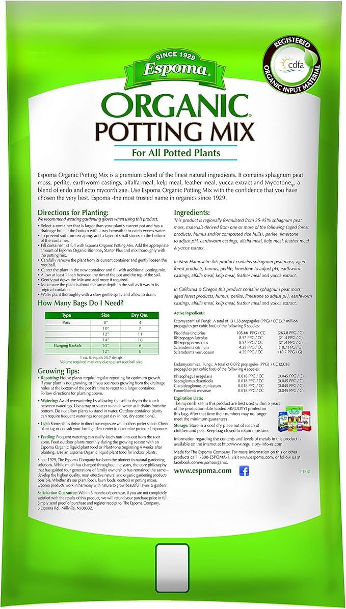 Espoma Organic Potting Soil Mix - All Natural Potting Mix for All Indoor & Outdoor Containers Including Herbs & Vegetables. for Organic Gardening, 16 qt. Bag. Pack of 1