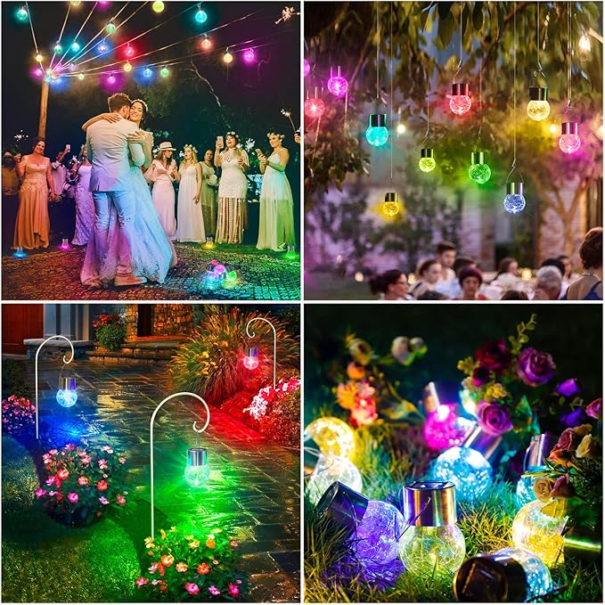 MAXvolador 12-Pack Hanging Solar Lights, Decorative Cracked Glass Ball Light, Multicolor Solar Powered Waterproof Globe Lighting for Garden, Tree
