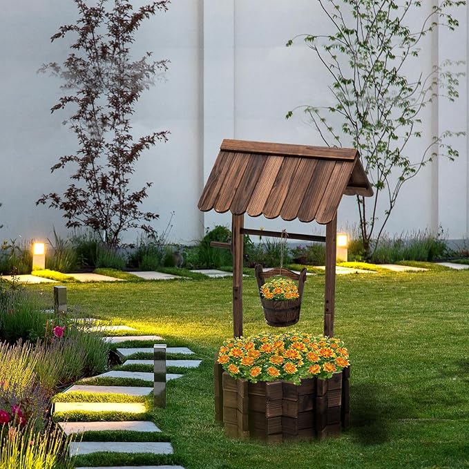 UDPATIO Rustic Solid Fir Wood Wishing Well Planter for Outdoor Plants, 16.5 in Diameter