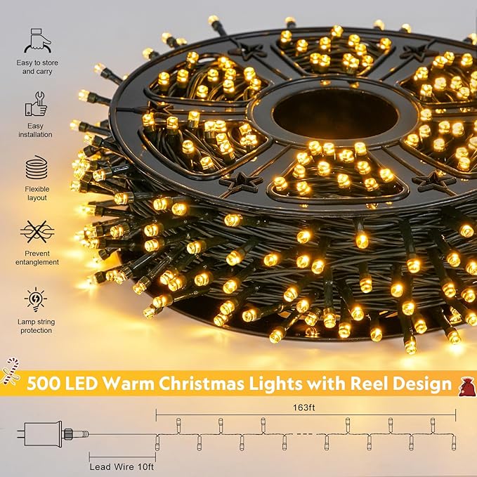 JMEXSUSS 500 LED Christmas Lights Outdoor, 173ft Warm White String Lights for Outside, 8 Modes Plug in Twinkle Light for Holiday Tree Indoor Ceiling House Decorations