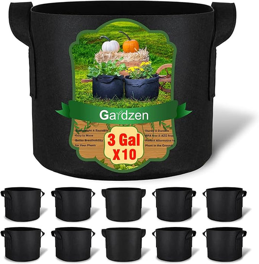 Gardzen 10-Pack 3 Gallons Grow Bags, Aeration Fabric Pots with Handles, Heavy Duty Cloth Pots for Plants