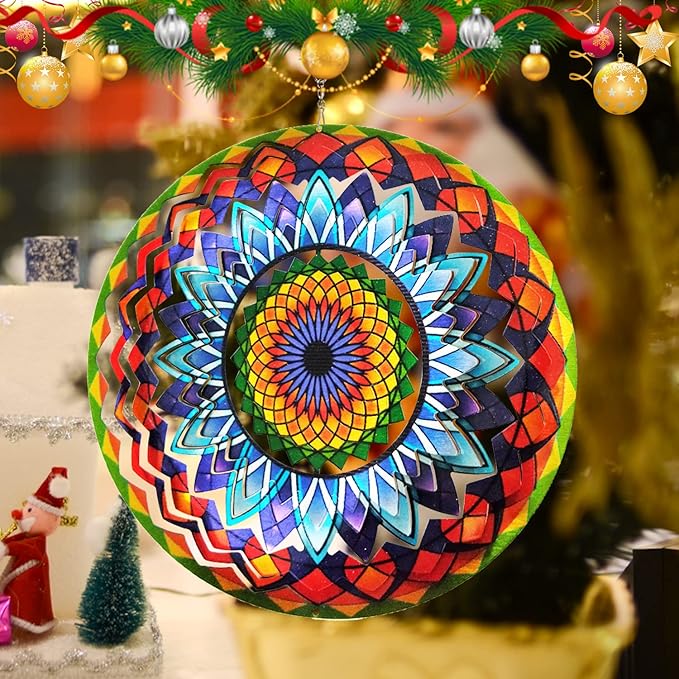 FONMY Wind Spinner Mandala Sun Flower 12 inches – 3D Stainless Steel – Laser Cut Metal Art Geometric Pattern - Hanging Wind Spinner, Kinetic Yard Art Decorations - Indoor/Outdoor Décor