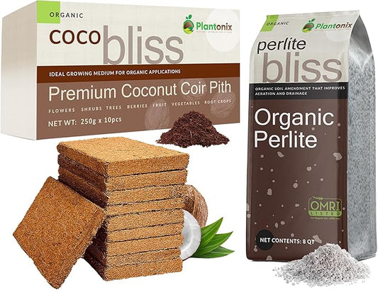 Coco Coir 250gm Bricks (10-Pack) + Perlite Bliss (8 Qts) - OMRI-Listed Coco Coir & Organic Perlite for Plants - Compressed Coco Coir Bricks with Low EC & pH Balance - Horticultural Perlite for Plants