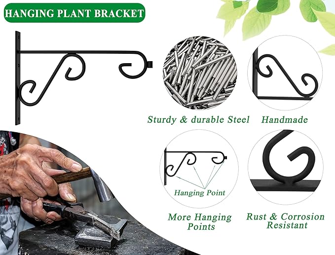 Plant Hanger Hook 4 Pack Hanging Basket Hooks,12in Metal Plant Wall Hanger,Plant Bracket Hook for Hanging Flower Baskets,Outdoor & Indoor Plant Hook Black