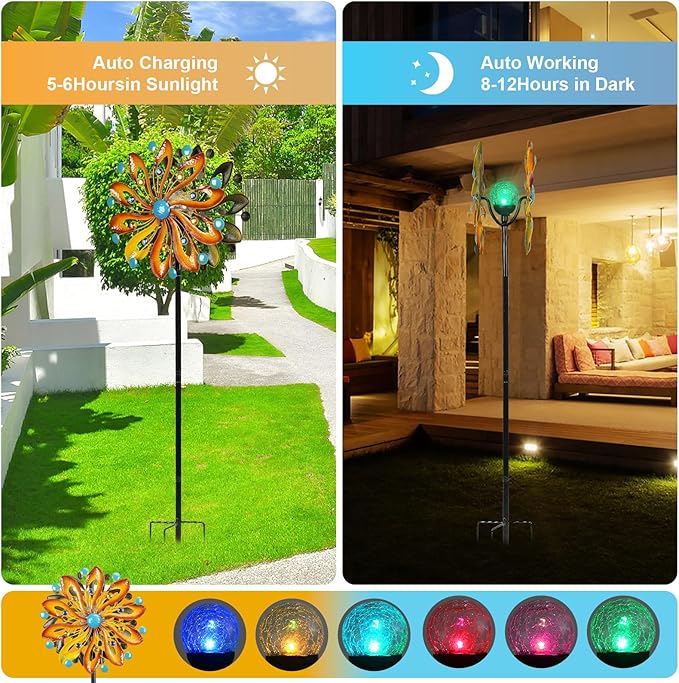 Wind Spinners for Yard and Garden-Wind Sculptures & Spinners 75 in Garden Kinetic Art with Solar Powered Multi-Color Glass Ball Light for Yard Garden Backyard Lawn Decorations