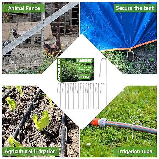 200 PCS J Shape Landscape Staples,5.12 Inch Irrigation Drip Tubing Landscape Staples,Galvanized Garden Stakes,Landscaping Staples for Drip Tubing Up to 1/2" Diameter