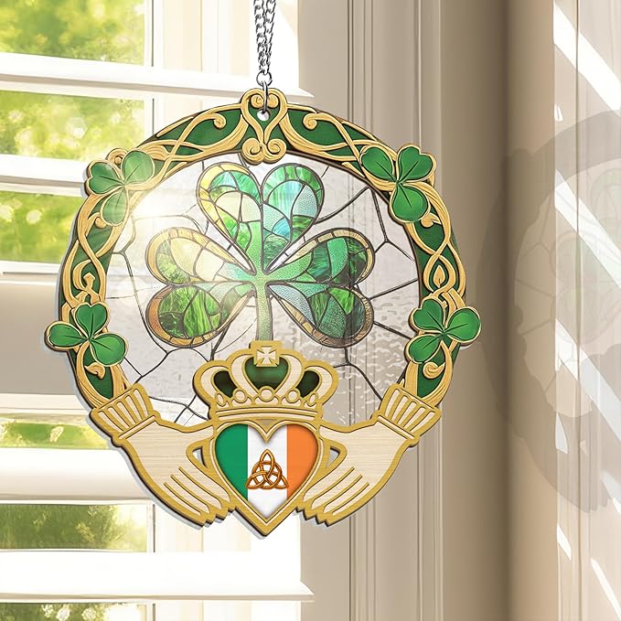 St Patricks Day Decorations - St Patricks Day Accessories, Shamrock Decorations, Irish Gifts for Women Men Friends Family, Shamrock Decorations - Double Layered Hanging Suncatcher 8 in