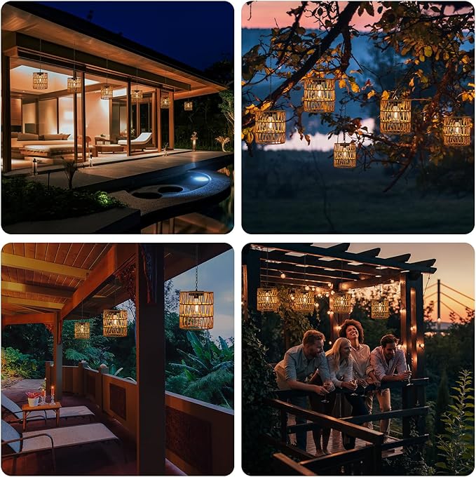 Solar Chandelier Lantern,Outdoor Rattan Pendant Lights,Waterproof Boho Hanging Lamps with Edison Bulb for Gazebo Tree Porch Yard Porch Patio Garden Backyard Decor