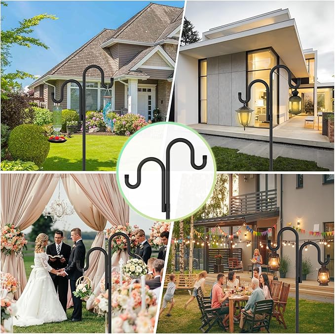 Double Shepherds Hooks for Outdoor, Bird Feeder Pole with 5 Prongs Base, Heavy Duty Garden Hook for Lantern, Wind Chime and Hummingbird Feeder, 62 Inch, 2 Pack