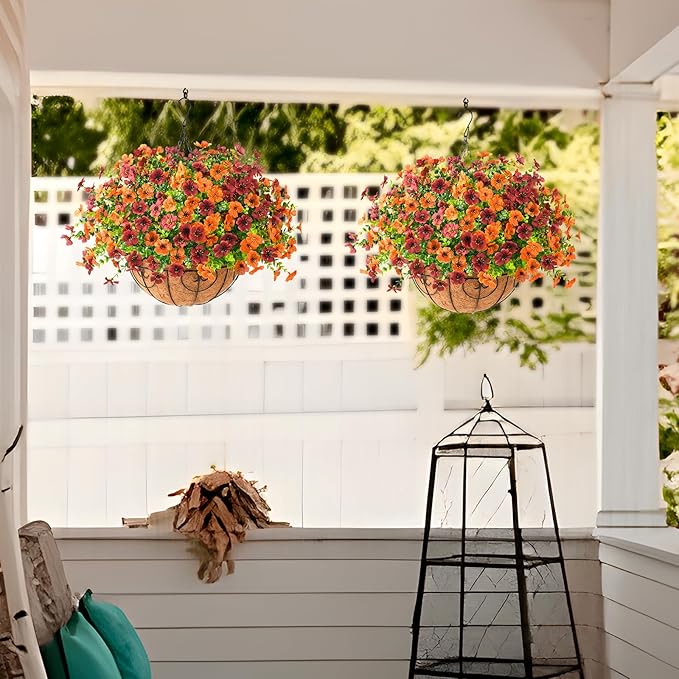 Artificial Fake Hanging Plants Flowers Basket, Faux Silk Daisy in Planter Realistic UV Resistant for Outside Home Patio Balcony Yard Spring Outdoor Decoration (Orange Brown)