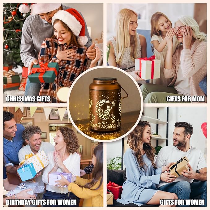 Solar Lanterns Outdoor Waterproof - 2 Pack Cat Garden Decor Birthday Gifts for Women Mom Grandma Hanging Solar Lights Metal Solar Lantern for Outside, Patio, Outdoor, Yard, Backyard, Porch