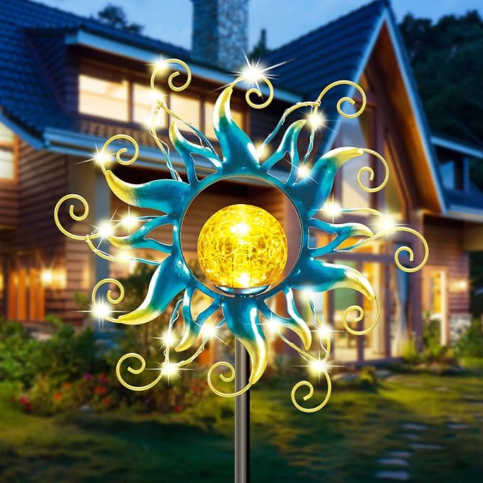 Solar Lights Outdoor Garden Decor, Blue Metal Sun Crackle Glass Globe Stake Waterproof 30LED Decorations Unique Gifts for Women,Mom,Outside, Patio,Lawn,Yard,Pathway
