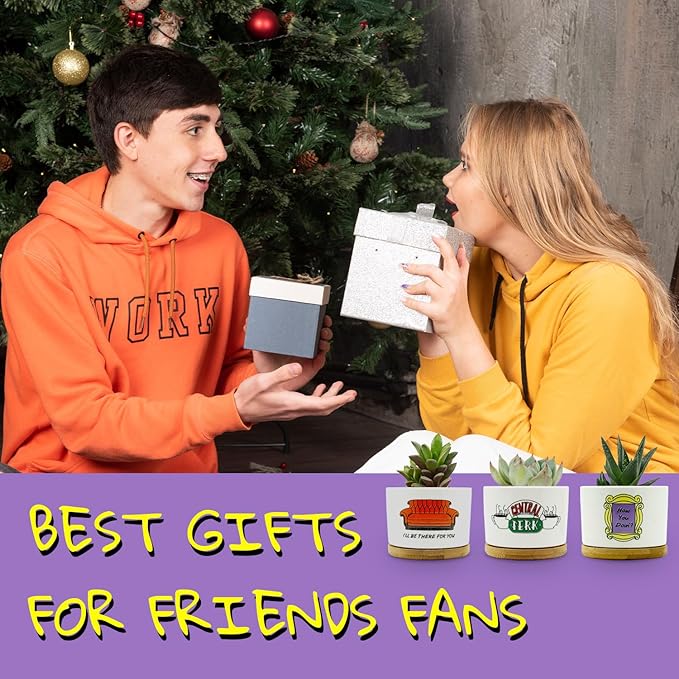 Friends TV Show Merchandise Gifts, 3 Pack Ceramic Succulent Pots, Vintage Style Patterns, 3.15 inch Succulent Planter Pots with Drainage Hole and Bamboo Saucer for Home Decor