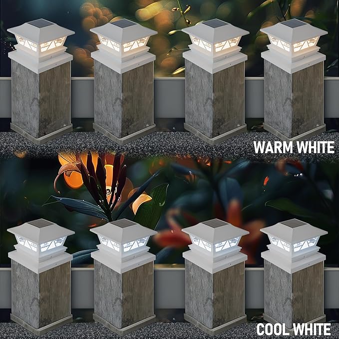 TW SHINE 2 Pack Solar Outdoor Fence Post Lights, 2 Modes Post Cap Lights Waterproof Warm White/Cool White for Yard, Garden, Porch, Patio Decor, for 4x4 5x5 6x6 Wood Posts, White