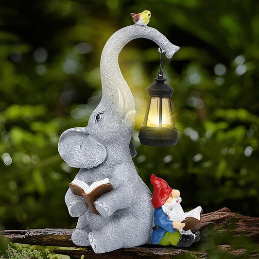 Solar Outdoor Garden Statues Lights, Elephant Figurines with Cute Gnome Garden Sculpture Decor, Luck Elephant Gifts for Woman Mother or Daughter, Unique Housewarming Gifts and Yard Decor