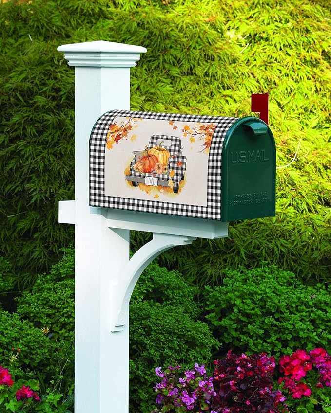 Magnetic Mailbox Cover Oversized 21"x25.5" Fall Black and White Buffalo Plaid Truck with Pumpkins Post Box Cover Mailbox Wraps Post Letter Box Cover for Holiday Garden Yard Outdoor Decor