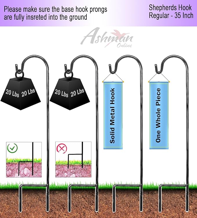 Ashman Shepherd's Hooks 35 Inch (24 Per Pack), Black, Made of Premium Metal for Hanging Solar Lights, Bird Feeders, Mason Jars, Christmas Lights, Lanterns, Garden Stakes and Wedding Décor.