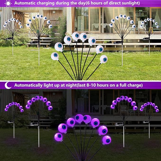 Halloween Decorations Outdoor Lights - 4 Pack 32LED Solar Halloween Scary Eyeball Pathway Lights Swaying by Wind, Waterproof Solar Halloween Stake Lights for Garden Porch Lawn Pathway (Purple)