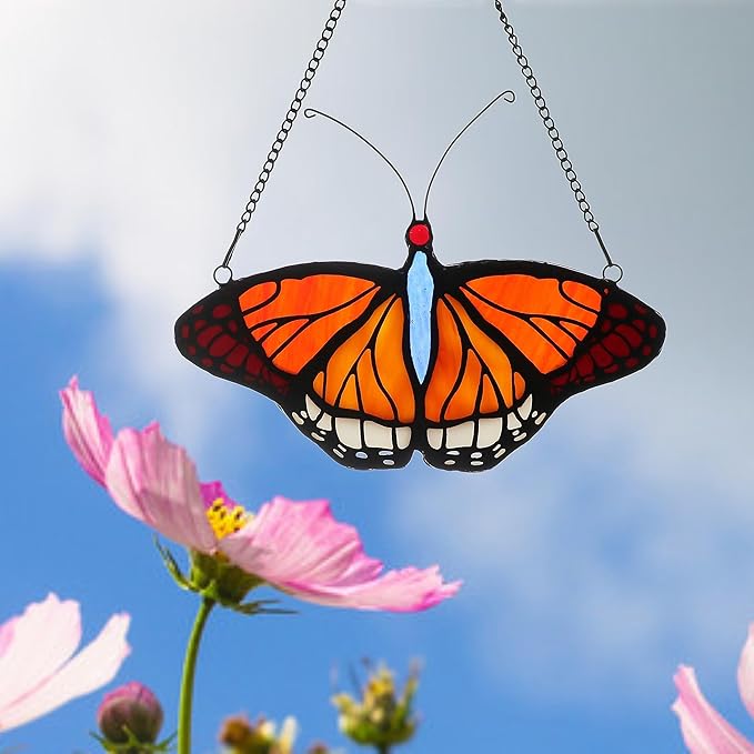 Stained Glass Window Hangings Butterfly Tiffany Style Butterfly Suncatcher for Window Hanging Suncatchers Handcrafted Ornament (Yellow)