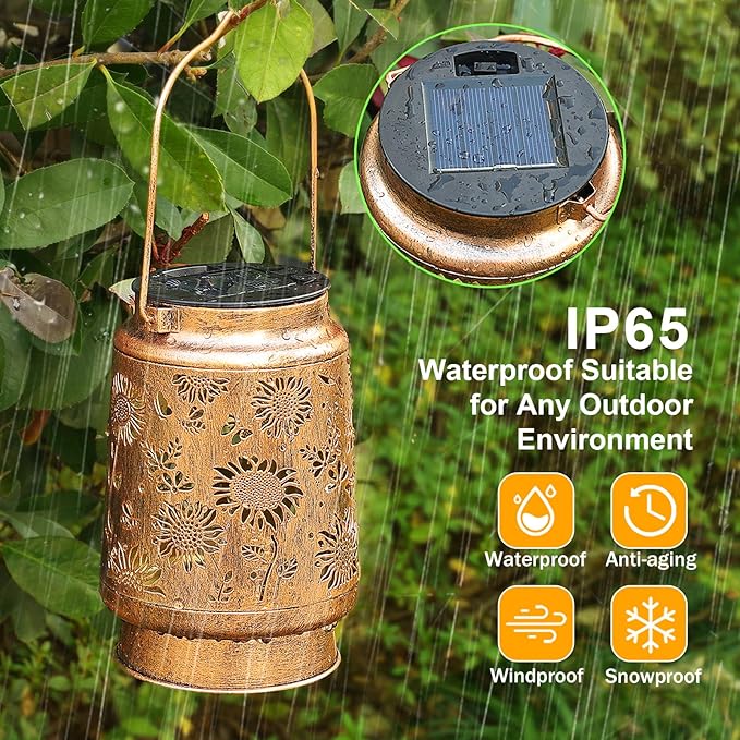 Sunflower Solar Lanterns Garden Decor, Birthday Gifts for Women Mom Grandma Metal Hanging Solar Lights Waterproof Outdoor Decoration LED Lanterns with Shepherd Hook for Outside Garden Yard Patio