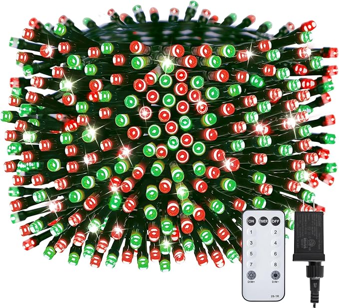 Minetom Red & Green Christmas Lights, 66ft 200 LED Outdoor Christmas Lights Connectable, 8 Modes Mini Christmas String Lights Plug-in Mini Xmas Tree Lights with Timer for Outside Garden Party Decor