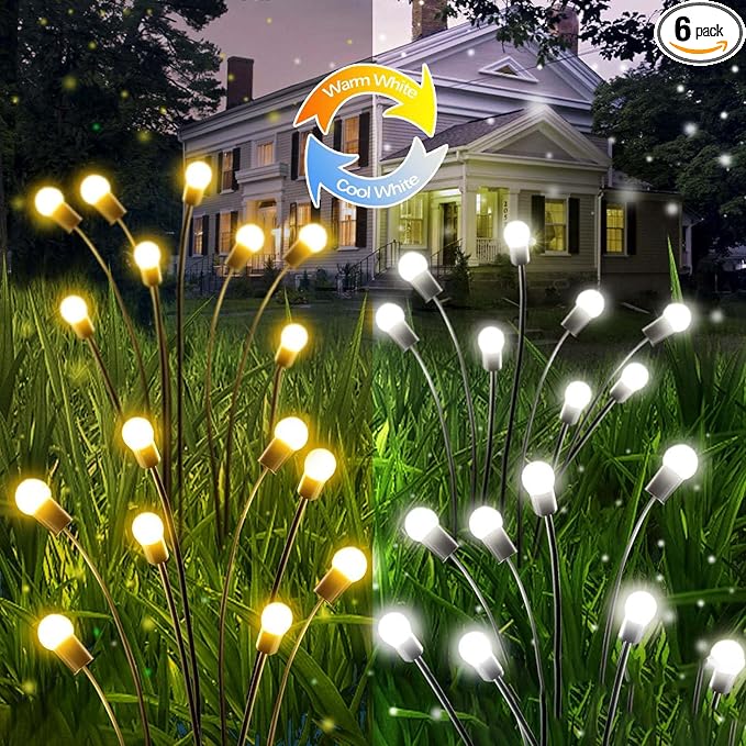 OZS Warm White ⇋ Cool White RGB Color Changing 6Pack 48LED Solar Garden Lights - Solar Lights Outdoor, Solar Firefly Lights, Sway by Wind, Fairy Lights Waterproof for Garden Patio Pathway Decoration