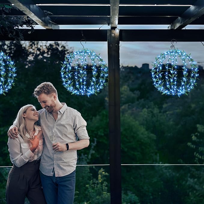 Flacchi Solar Powered Hanging Iron Sphere Lights with Artificial Greenery – 12Inch 120 LED Waterproof Outdoor Decor Ball Light with Timer & 8 Modes – 2 Pack for Garden, Christmas, Weddings(Blue)