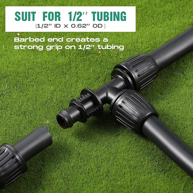 Frienda 40 Pcs 1/2 Inch Drip Irrigation Lock Barbed Tee Tubing (1/2" IDx0.6-0.63" OD) 16mm Fittings Drip Irrigation Parts Anti Drop Locked Reducing Tee for Hose, Black and Green